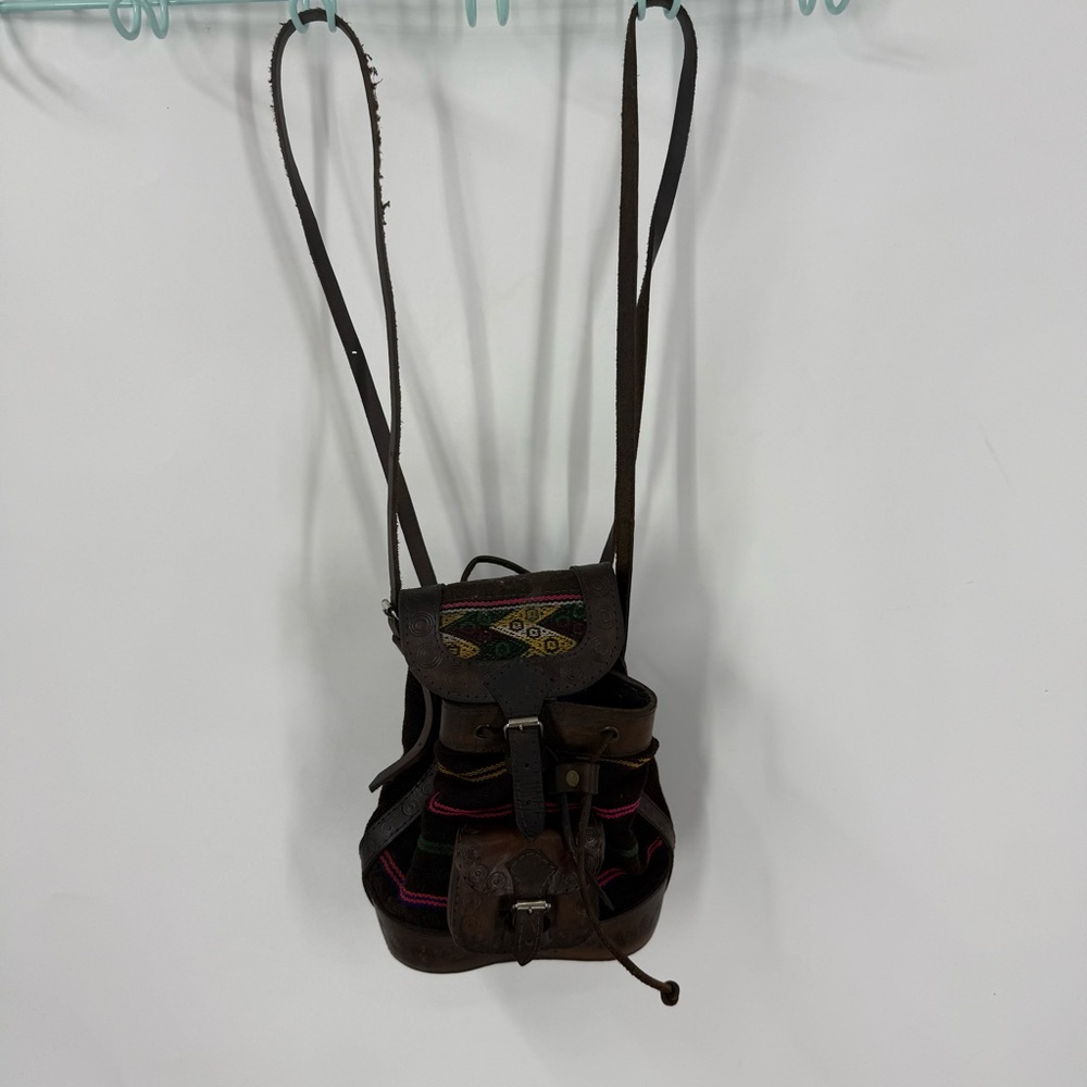 handmade Peruvian leather and cloth material mini backpack,